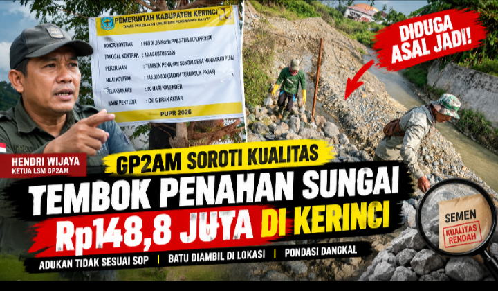 GP2AM Soroti Kualitas Tembok Penahan Sungai Rp148,8 Juta di Kerinci